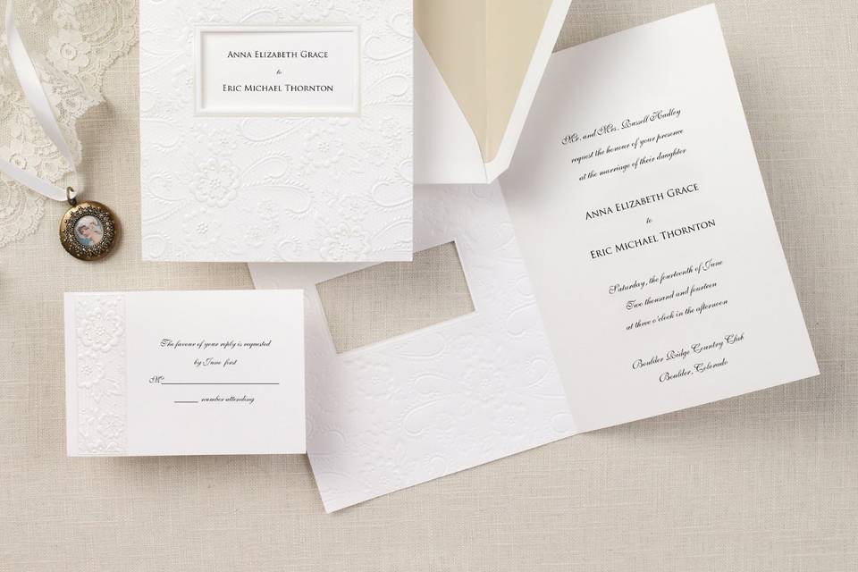 Vintage Lace - A rectangular window reveals your names for all to see and is surrounded by the most beautiful fully-embossed lace design. What more could you ask for? Choose coordinating thank you notes for your complete wedding stationery. Order Your Free Sample Today!