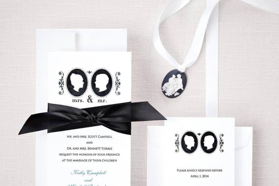 Diamond Romance - This noteworthy folded card opens to reveal your wedding invitation wording and closes with the two hearts joined together as one ... perfect symbolism for your wedding day. Available with your choice of pearl or silver accent colors. Order Your Free Sample Today!