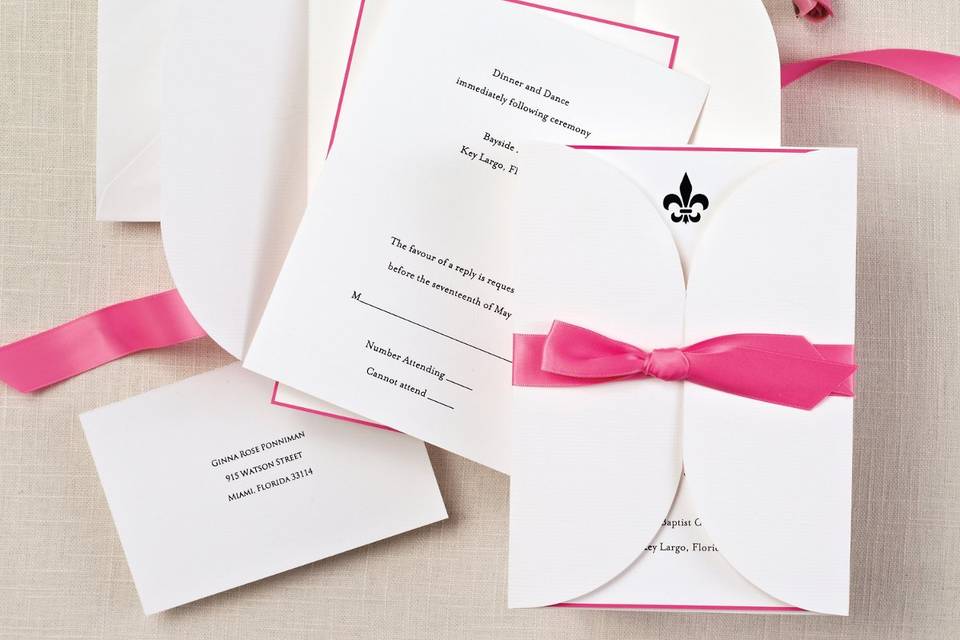 Tied in Love - This all-inclusive wedding invitation ensemble has everything you need: invitation, reception card, response card and pre-cut satin ribbon. Available in your choice of 8 accent colors. Order Your Free Sample Today!