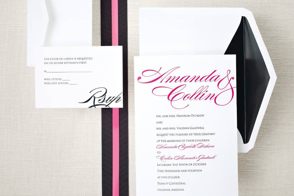 Tied in Love - This all-inclusive wedding invitation ensemble has everything you need: invitation, reception card, response card and pre-cut satin ribbon. Available in your choice of 8 accent colors. Order Your Free Sample Today!