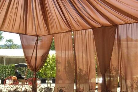 Sheer fabric and tent draping, carpeting, and chairs at Nickel & Nickel Winery. Courtesy of Nickel & Nickel Winery.
