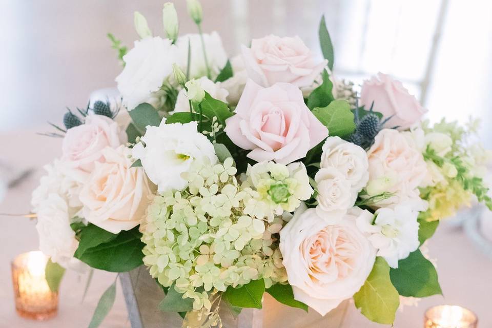 Hydrangea, blush and white roses, Pink Mercury Vases on Rose Quartz sparkly linen