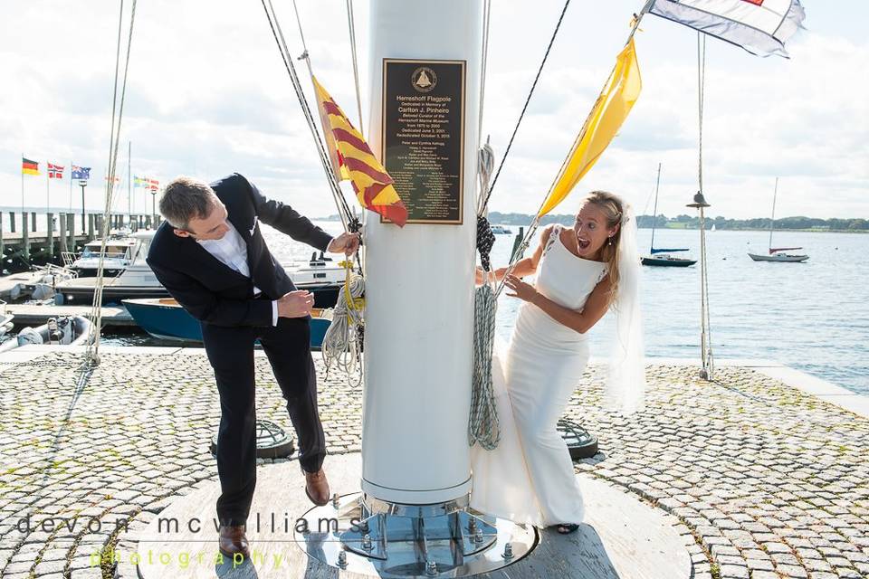 Groom and bride at the balcony