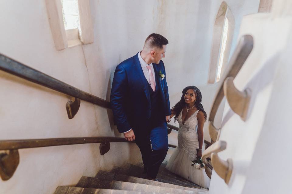 Couple walking up steps