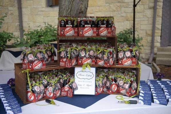 Favors from the bride and groom's hometowns.  Beer Nuts and Dr. Pepper