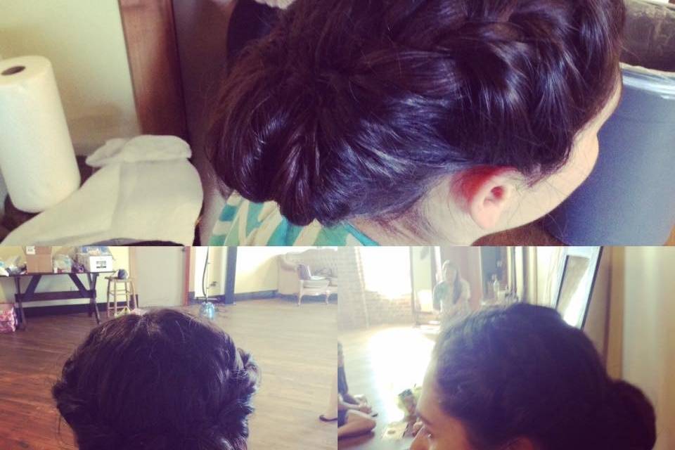 Bridesmaid #1 - hair was French braided on either side, then pulled into a Gibson tuck in the back.
