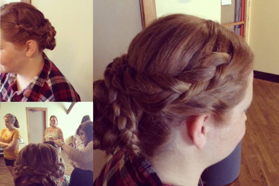 Bridesmaid #2 - hair was braided into four braids, then pinned up into a rose style bun.