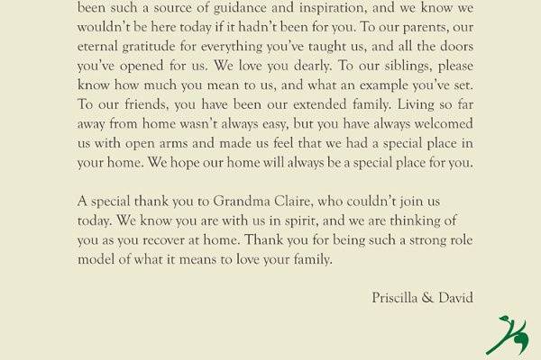 The next page is your Thank You Note to your family and friends ... and the remainder of the booklet includes your love story and photos!