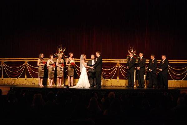 Full Wedding party on the Orchestra Pit of the stage with Hippodrome Curtain as backdrop. February 20th, 2009
