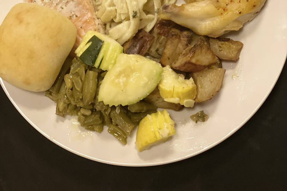 Salmon, Chicken, Pasta, Veggie