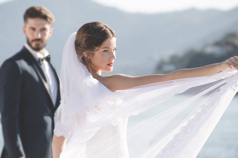 Bride and groom in the breeze