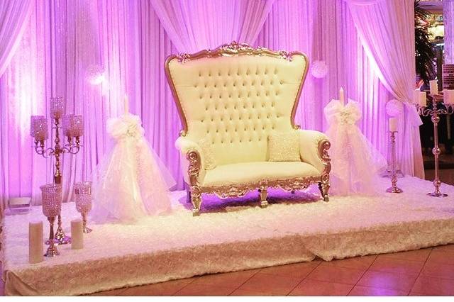 Stage decor for our beautiful bride. Candle stands, candles, rosette satin cloth. Backdrop by @metro_floral thanks guys!