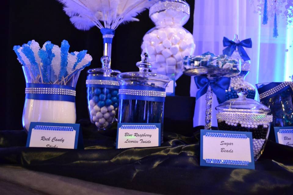Blue & White Candy Buffet  Blue candy buffet, White candy buffet, Candy  bar wedding