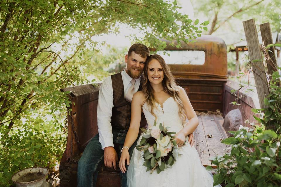 Bride & Groom in Truck