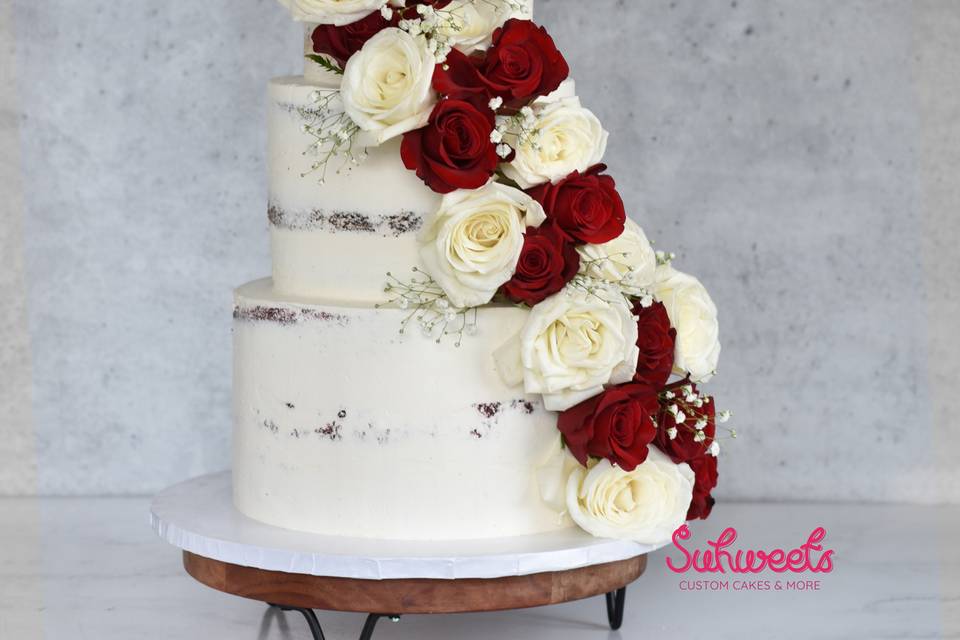Naked red and White roses cake