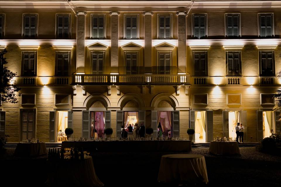 The villa’s façade illuminated