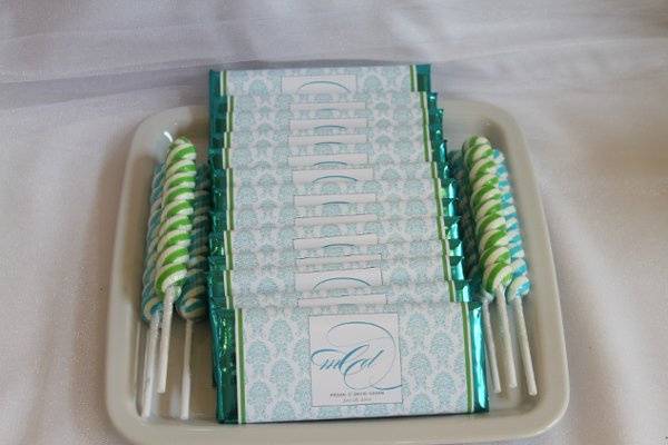 Personalized candy bars for the green and blue candy buffet!