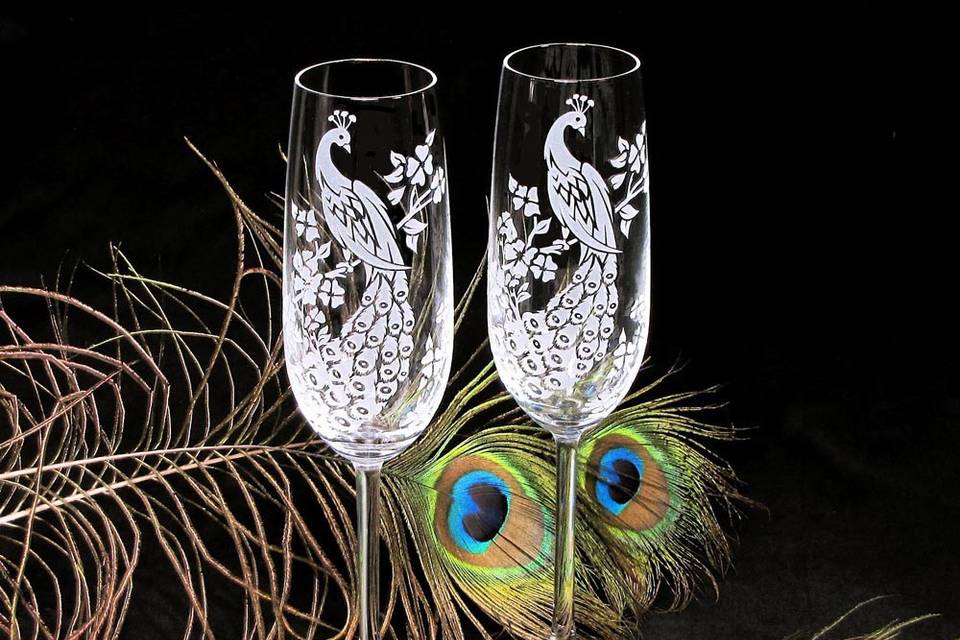 Peacock wedding champagne flutes
