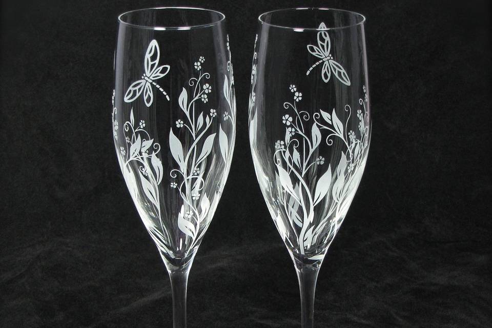 Dragonfly and vine toasting glasses