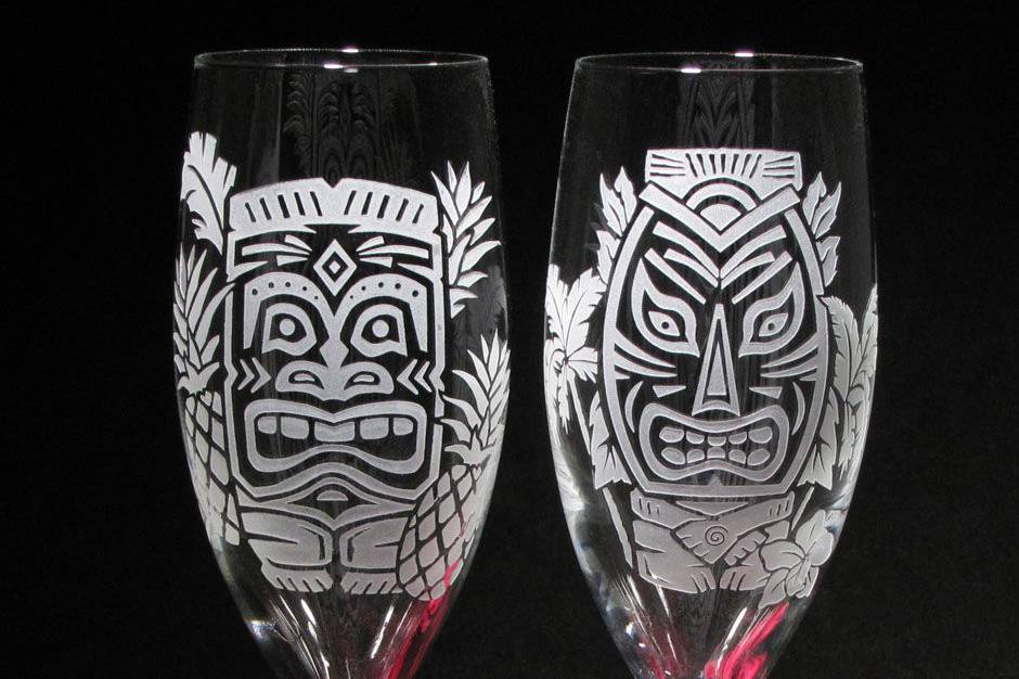 Tiki champagne flutes with personalization