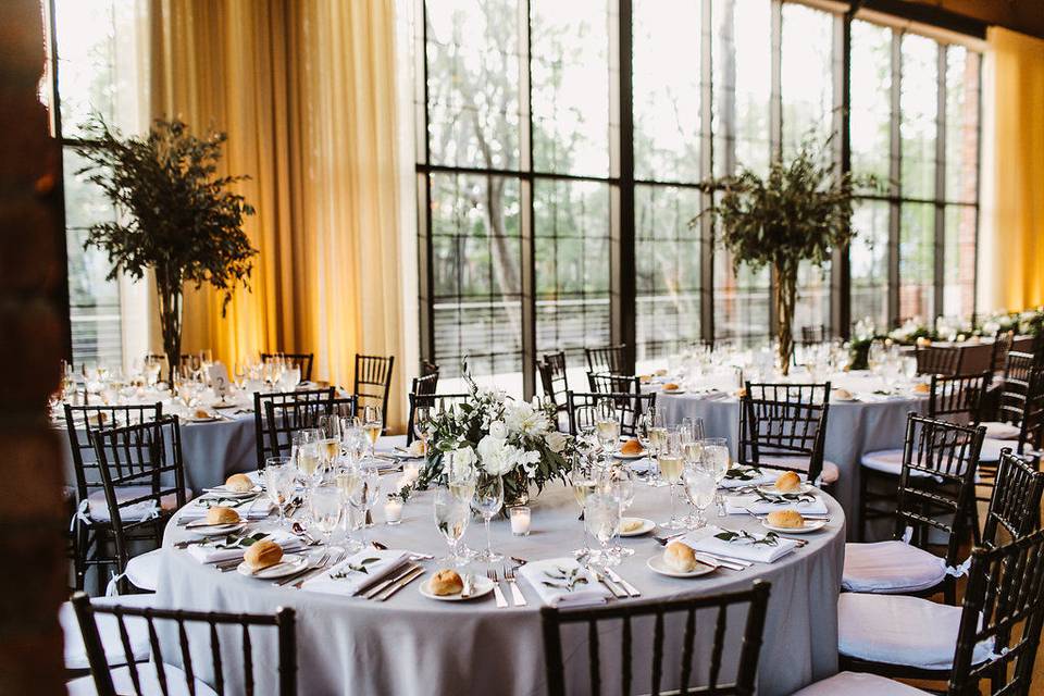 Up-Lights at The Roundhouse in Beacon, NY. Photo by Pat Furey, Florals by Dark & Diamond Floral Design.