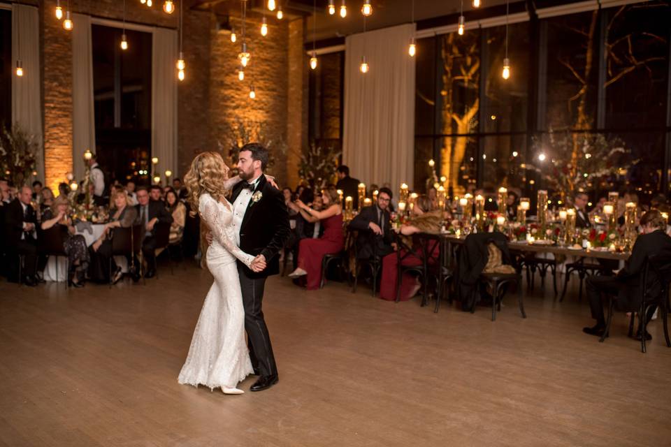 This photo features our beam chandelier, uplights and our outdoor tree uplights at The Roundhouse in Beacon, NY. Photo by Craig Paulson Photography.
