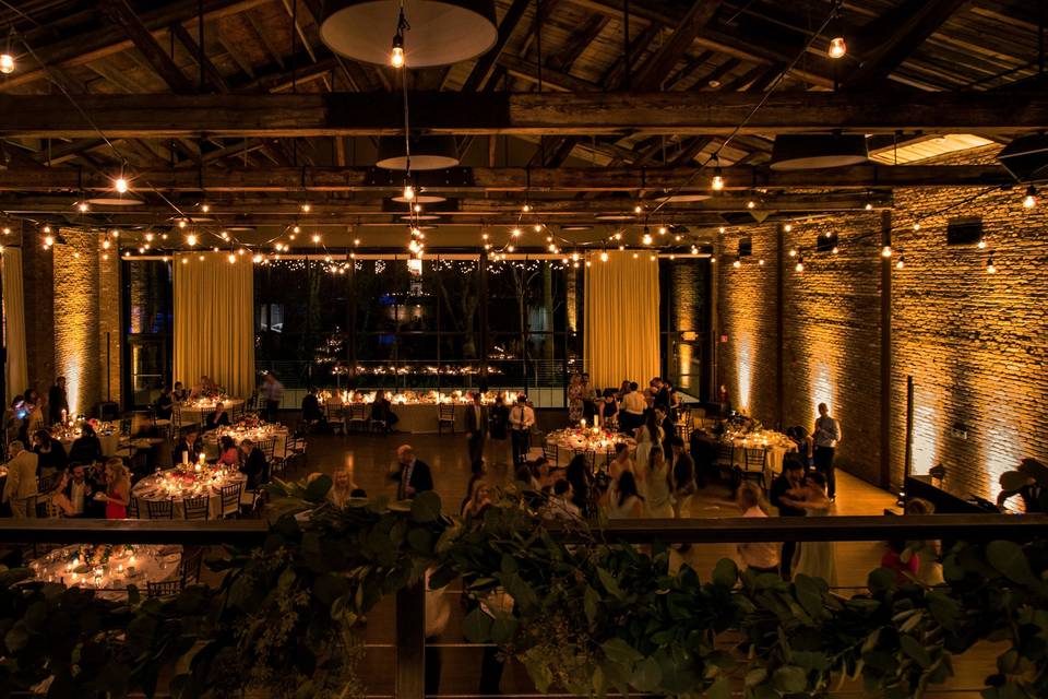 Ceiling Bistro Lights & Uplights at The Roundhouse in Beacon, NY. Photo by Matthew Ambrosini.