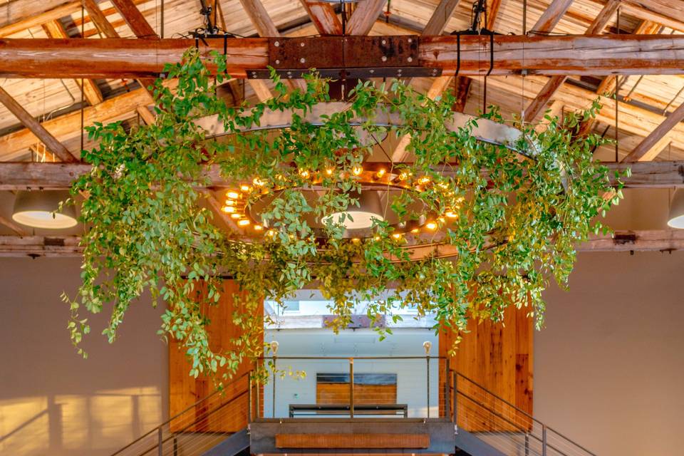 Floral Ring Chandelier at The Roundhouse in Beacon, NY. Floral by Dark & Diamond Floral Design. Photo by Matthew Ambrosini.