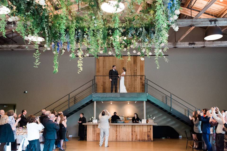 LNJ Weddings' Floral Box Chandelier at The Roundhouse in Beacon, NY. Florals by Doe & Jay. Photo by Hilo & Ginger.