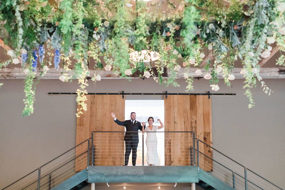 LNJ Weddings' Floral Box Chandelier at The Roundhouse in Beacon, NY. Florals by Doe & Jay. Photo by Hilo & Ginger.