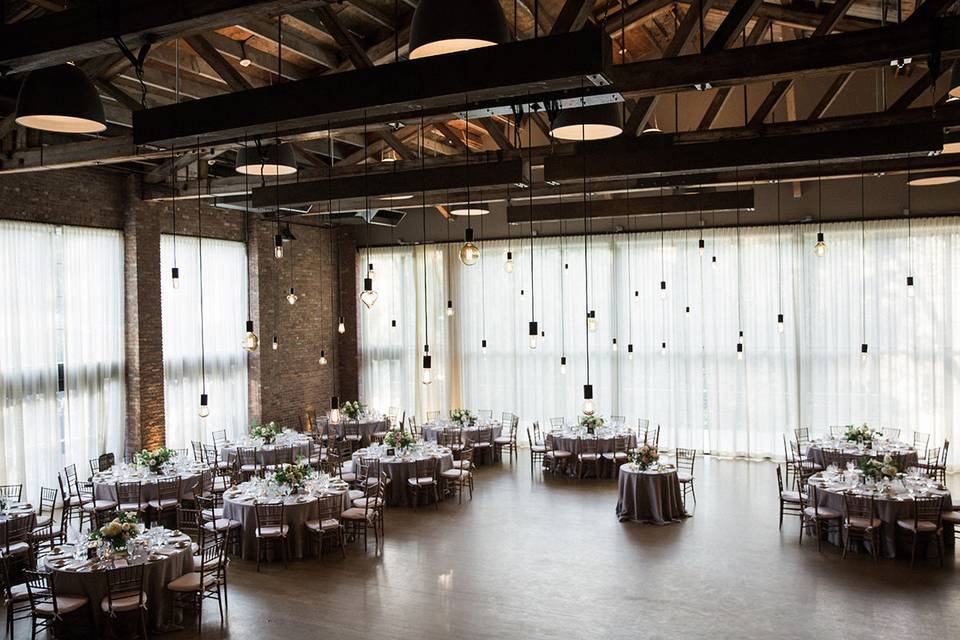 Beam Chandelier at The Roundhouse in Beacon, NY. Photo by Kelly Kolar Photography.