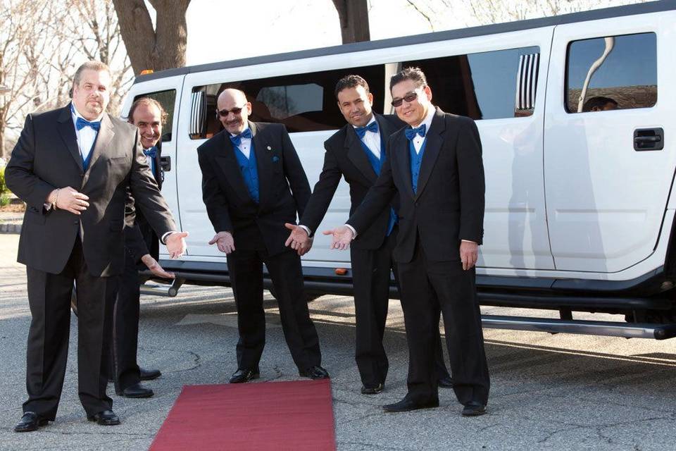 Groom and groomsmen by the limo