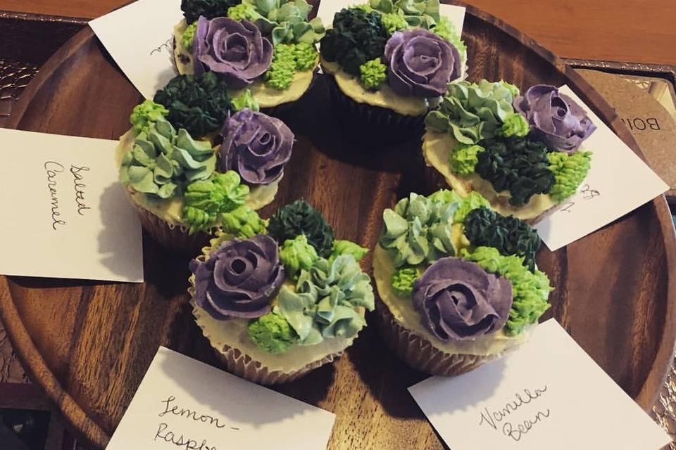 Cupcakes in a variety of flavors with Italian buttercream succulents.