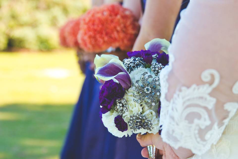 Brooches, calla lillies, carns