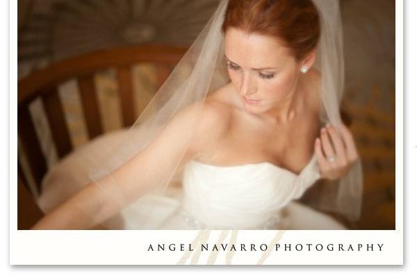 A soft bridal photo of a bride seated, holding her veil with her left hand.