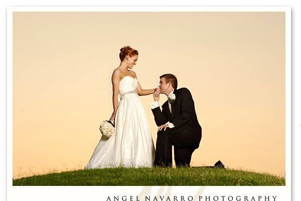 A wedding proposal on a hill.