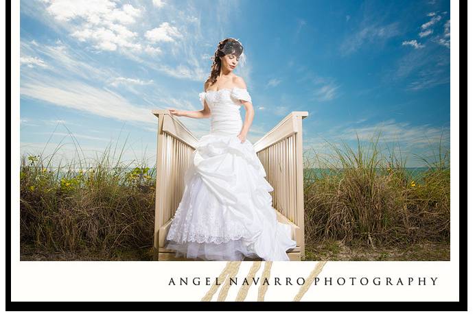 A vibrant and colorful outdoor portrait of a bride on a boardwalk in St. Petersburg, Florida.