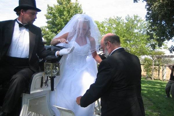 Father of Bride assists bride off of carriage to then start her down the aisle.