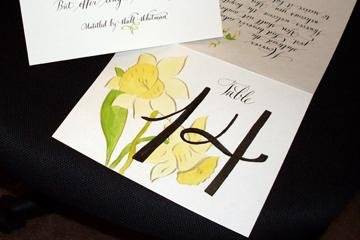 Custom 2 sided table card for wedding with hand painted daffodils