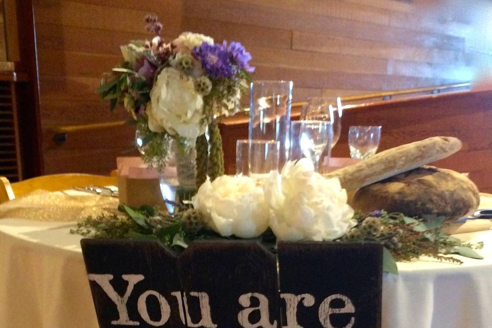 Sweetheart table with florals and You Are My Happy sign