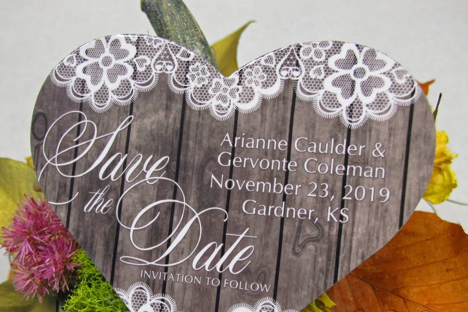 Rustic wood&lace save the date