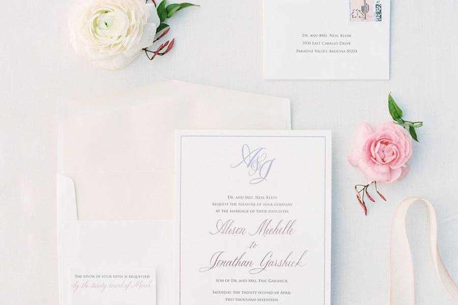 Letterpress and Rose Gold Foil Wedding Invitation Suite