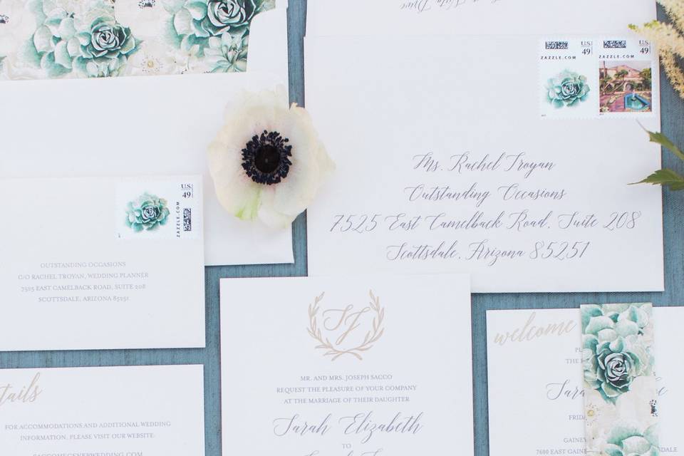 Letterpress, Gold Foil and custom succulent & floral band wrap