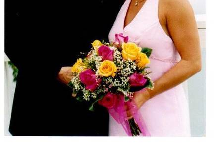 Pink and Yellow Rose Long Stem Clutch Bridal Bouquet