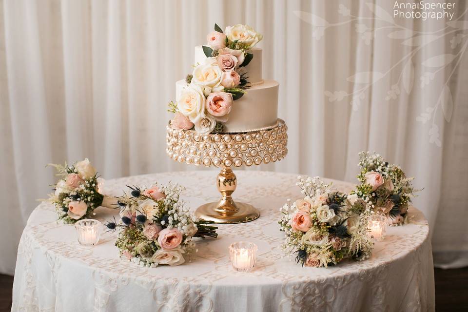Wedding cake and floral decor