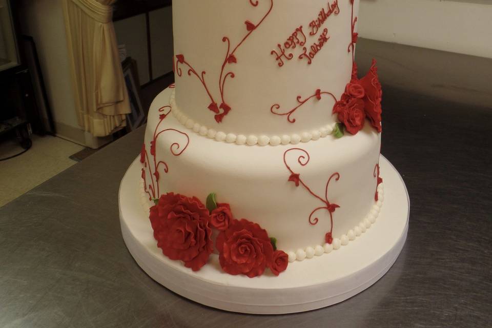 This wedding cake did double duty , it was also the Brides birthday!