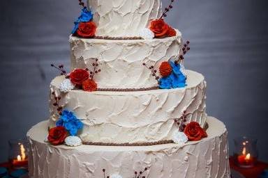 Wedding cake with blues and reds
