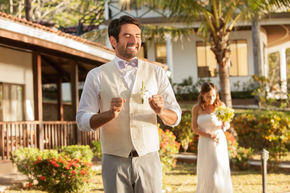 First Look, before the beach wedding at Hotel Sugar Beach, Guanacaste, Costa Rica