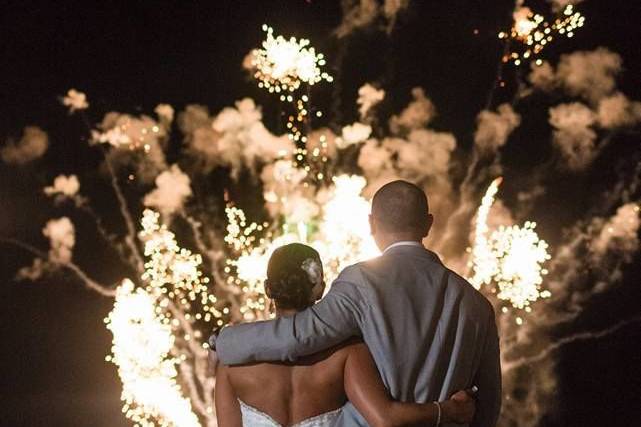 Overlooking the fireworks | Gown: Casablanca