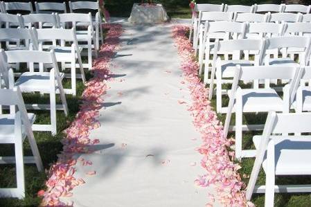 Rose petals lining the aisle at a charming riverside wedding.